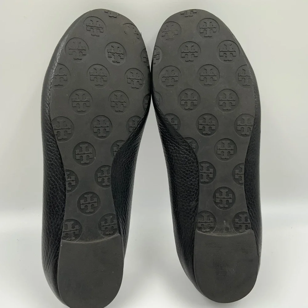 Tory Burch Minnie Travel Ballet Flats Black Leather Logo Medallion Size 8.5